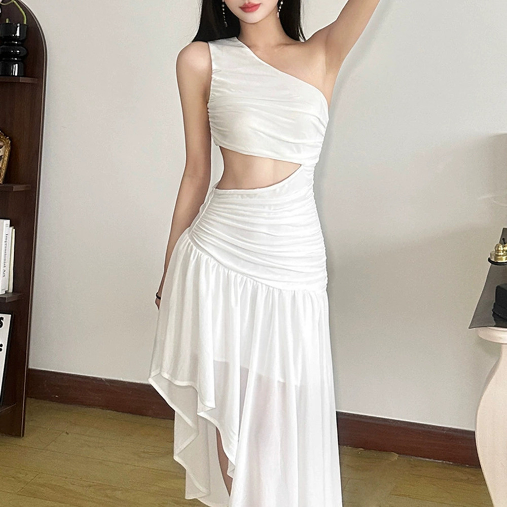 ZARA Summer One Shoulder Midriff Cutout Slim Fit Solid Asymmetric Wavy Hem Dress